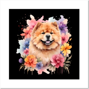 A chow chow decorated with beautiful watercolor flowers Posters and Art